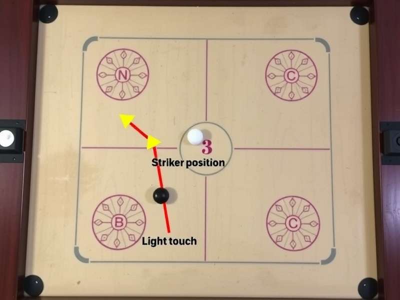 Turbo Carrom Warrior beginner tips showing correct striker position and light touch technique